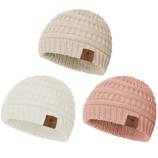 Warm Baby Knit Hat Cute Cozy Chunky Winter Cap Infant Toddler Baby Beanies for Boys Girls 3 Pack Indi Pink & Beige & White